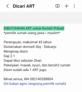 Dicari ART menginap dirumah