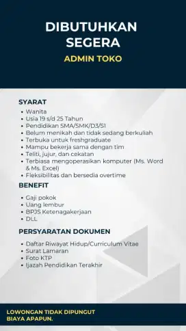 Dibutuhkan Segera Admin Toko