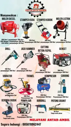 Sewa Molen Mini Bor Drill Alkon Coring Vibrator Trowel
 Stamper