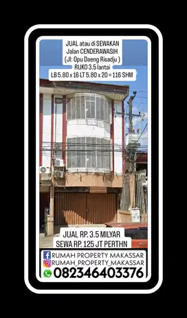 JUAL atau di SEWAKAN Ruko Jl CENDERAWASIH 3.5 Lti 5.8X20 LB 5.8X16