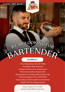 Lowongan Waiters , Bartender, Cook untuk di area MENTENG