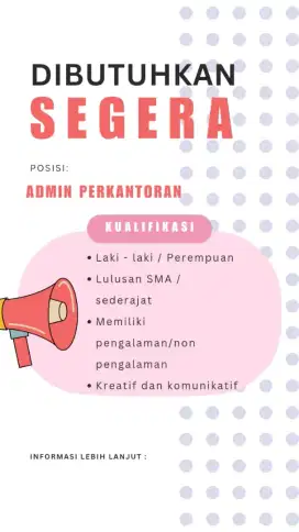Dibutuhkan segera 5 staff perkantoran