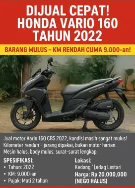 Dijual Cepat! Honda Vario 160 Tahun 2022
Barang Mulus