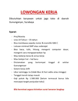 Dibutuhkan karyawan untuk jaga toko