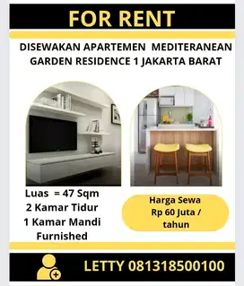 Disewakan Apartemen 2 BR Medit Garden Residence 1 Rp 55 Juta / tahun