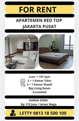 Disewakan apartemen Red Top 2 BR Rp 115 Juta / tahun Nego