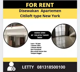 Disewakan  Apartemen Cityloft Type New York Rp 150 Juta / tahun