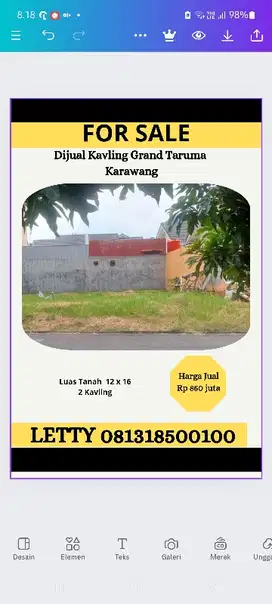 Dijual  2 kavling Grand Taruma Karawang Barat Rp 850 Jutw