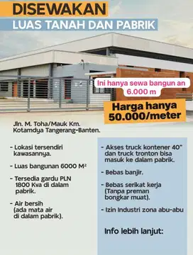 Sewakan Bangunan Pabrik Jl M Toha/ Mauk Kotamadya Tangerang