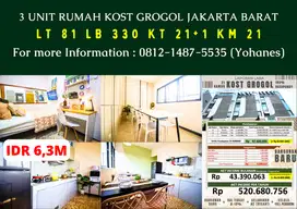 3 Unit Rumah Kost Grogol Jakarta Barat