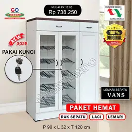 Lemari Rak Sepatu Paket HEMAT, Pintu Kaca isi 5 Rak + 2 Laci Serbaguna