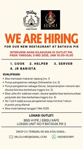 Junior Barista Penempatan PIK ( Jakarta Utara)