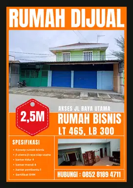 Dijual murah rumah usaha di jalan utama 5 kamar tidur strategis
