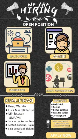 Dibutuhkan secepatnya pelamar | Free No Adm |  Penempatan Kantor Pusat