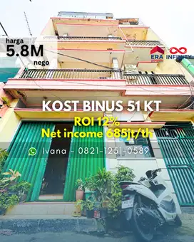 Jual Kost Binus 51KT semua kamar mandi dalam jalan tidak lewat mobil