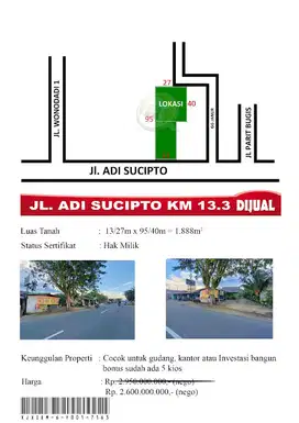 Tanah tepi Jalan Adisucipto cocok untuk Gudang, Kantor, dll