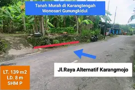 Tanah dijual mangku jalan raya di Karangtengah Wonosari Gunung Kidul