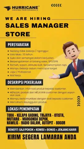 DIBUTUHKAN SALES MANAGER STORE - JAKARTA