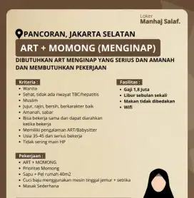 Dibutuhkan ART yang Menginap dan Serius Membutuhkan Pekerjaan