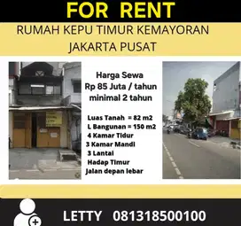 Disewakan Rumah 3 Lantai Kemayoran Rp 85 Juta / tahun