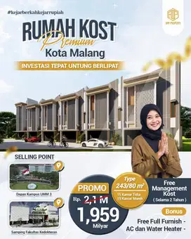 Kost Malang Eksklusif 3 Lantai Tirto Landungsari depan Kampus UMM