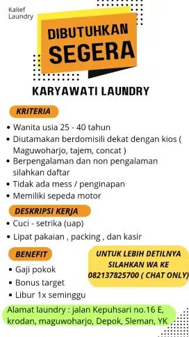 Dibutuhkan karyawati laundry