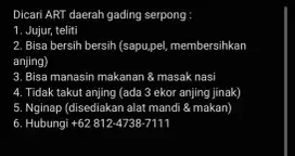 Dicari ART di gading serpong tidak takut anjing