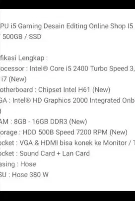 Cpu fc gaming ram 8 hd 500 gb