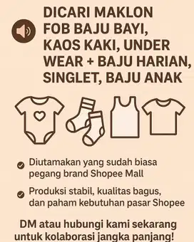 Dicari sales baju bayi dan anak utk area jawa atau luar pulau