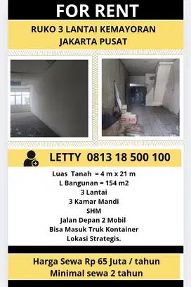 Ruko 3 Lantai Kemayoran Jakarta Pusat Rp 65 Juta / tahun Nego