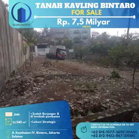 Dijual, Tanah Kavling , Di Bintaro, Jakarta Selatan, L 540m², SHM