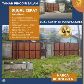 DIJUAL CEPAT TANAH SHM PINGGIR JALAN UTAMA LUAS 422 M2 DI PURWAKARTA