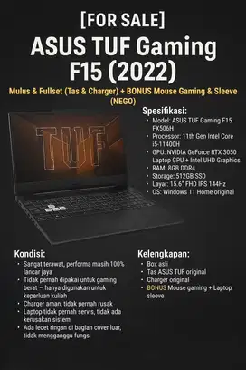 ASUS TUF Gaming F15 - Fullset + Bonus Mouse Gaming & Sleeve (Nego)