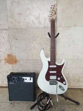 Jual gitar cord G115 white electric guitar plus ampli almus plus kabel