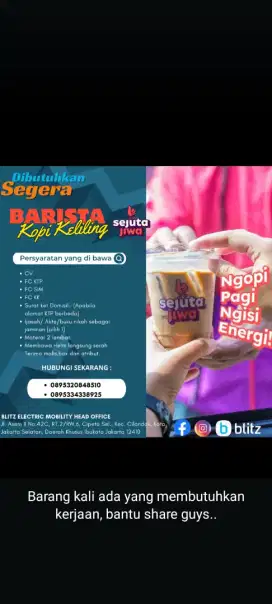 Loker lowongan Barista Kopi