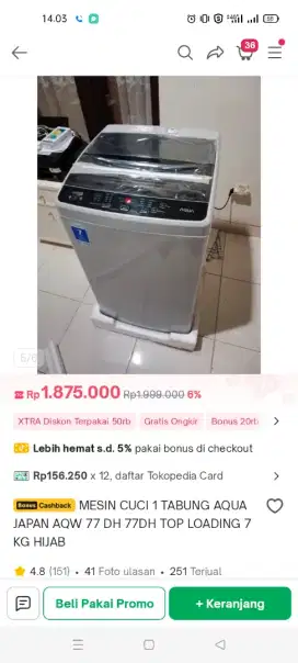 MESIN CUCI 1 TABUNG TOP LOADING AQUA JAPAN  77 DH