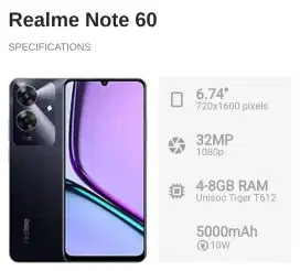 Realme note 60 Ram.4/6 Rom.64/128