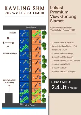 DIJUAL TANAH PURWOKERTO TIMUR DEKET PERUMAHAN GRAHA TIMUR