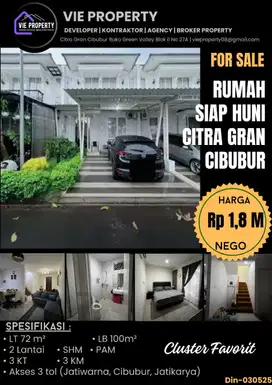 Jual Rumah Cantik Siap Huni Cluster Favorite. CitraGran Cibubur.