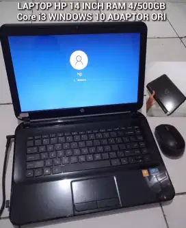 Laptop HP 14inch core i3 ram 4/500gb win 10 adaptor ori batre drop