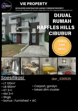 Jual Rumah Cantik Siap Huni Cluster Favorite. Raffles Hill Cibubur.