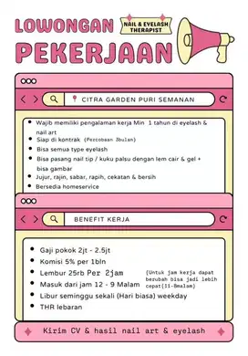 DICARI THERAPIST EYELASH & NAIL ART PENGALAMAN MIN 1TAHUN
