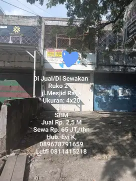 Di Jual/Di Sewakan Ruko 2 Lt, jl Mesjid Raya