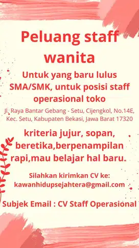 LOWONGAN KERJA STAFF TOKO (TOKO JUAL DULU AJA) BEKASI
