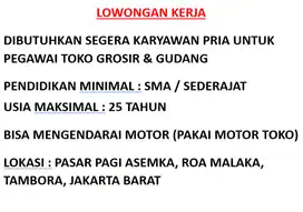 LOWONGAN KERJA UNTUK PRIA SEBAGAI PEGAWAI TOKO GROSIR DAN GUDANG