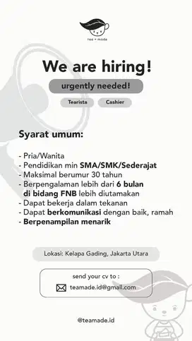 [URGENTLY NEEDED] Tearista & Cashier
