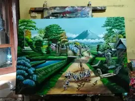 Dijual lukisan kanvas pemandangan kampung 90x130 cm