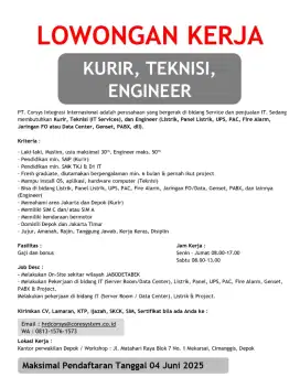 LOWONGAN KERJA
KURIR, TEKNISI, ENGINEER LISTRIK