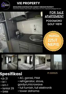 Jual Apartement Studio Full Furnish . Apartement Podomoro Golf View.