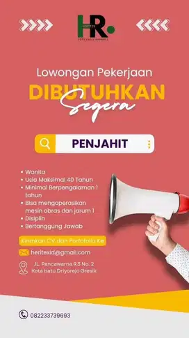 Lowongan Kerja PENJAHIT KONVEKSI Halusan